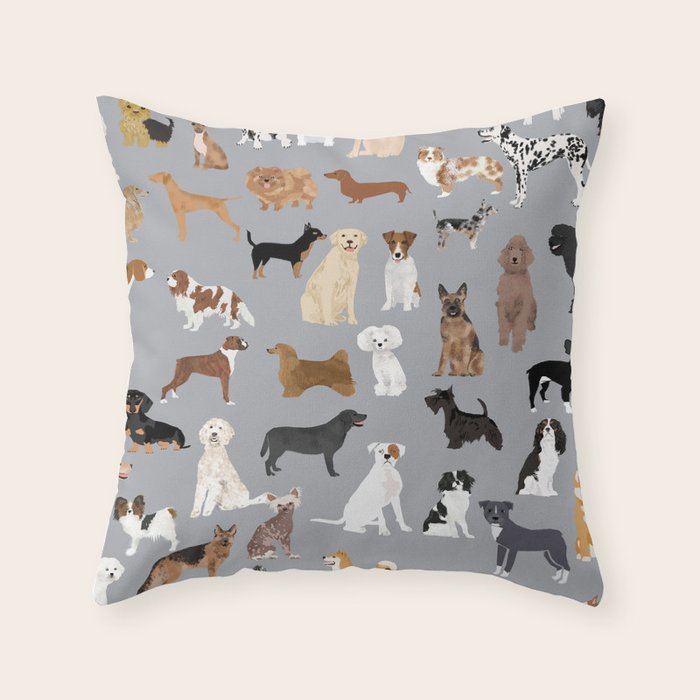 Mixed Dog lots of dogs dog lovers rescue dog art print pattern grey poodle shepherd akita corgi Throw Pillow Gallery Image 1