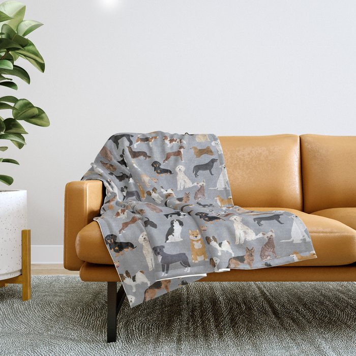 Mixed Dog lots of dogs dog lovers rescue dog art print pattern grey poodle shepherd akita corgi Throw Blanket Gallery Image 1