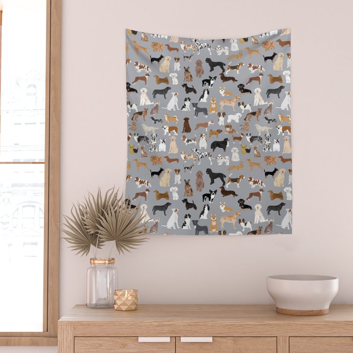 Mixed Dog lots of dogs dog lovers rescue dog art print pattern grey poodle shepherd akita corgi Wall Tapestry Gallery Image 2