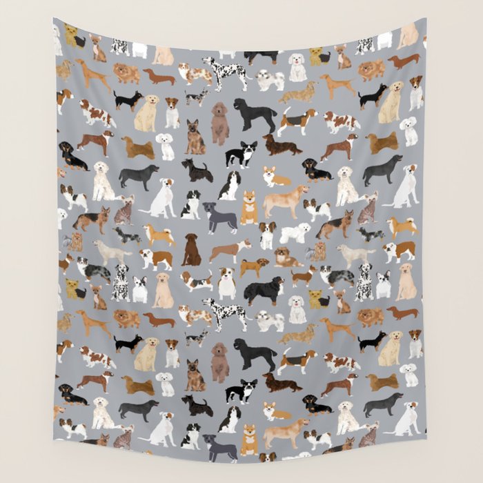 Mixed Dog lots of dogs dog lovers rescue dog art print pattern grey poodle shepherd akita corgi Wall Tapestry Gallery Image 4