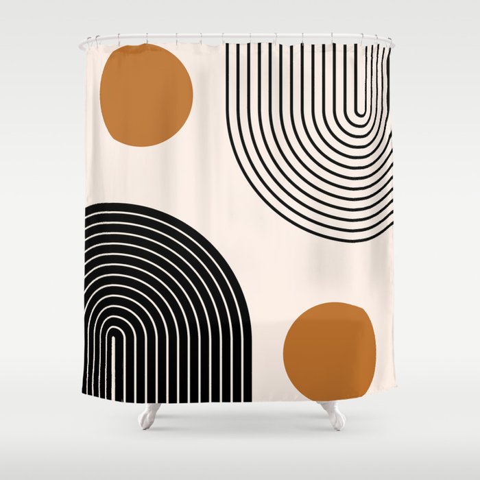 Nesting Rainbow Lines Geometric Pattern Race Track Lines Orange Circles Mid Century Modern Cool Magical Mystical Abstract Art Bohemian Boho Style Trendy Shower Curtain Gallery Image 1