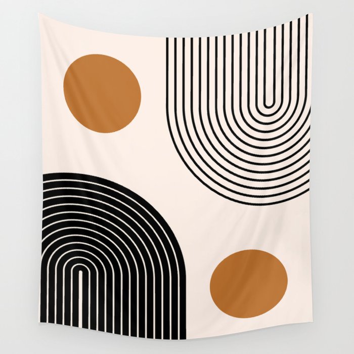 Nesting Rainbow Lines Geometric Pattern Race Track Lines Orange Circles Mid Century Modern Cool Magical Mystical Abstract Art Bohemian Boho Style Trendy Wall Tapestry Gallery Image 1