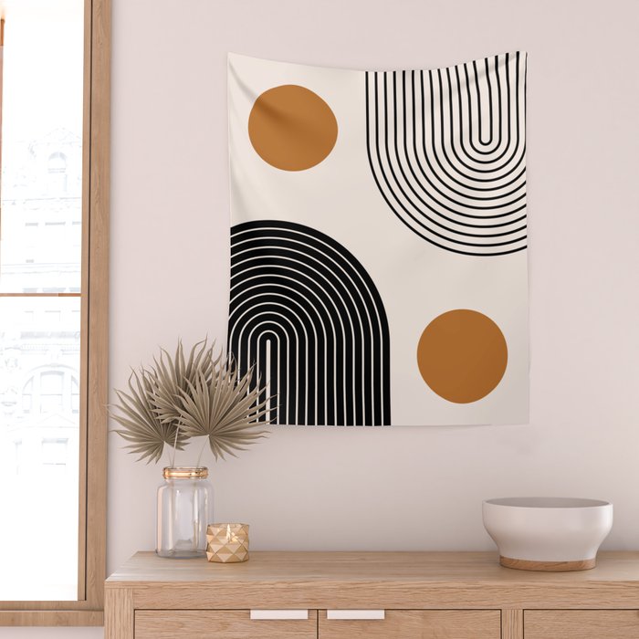 Nesting Rainbow Lines Geometric Pattern Race Track Lines Orange Circles Mid Century Modern Cool Magical Mystical Abstract Art Bohemian Boho Style Trendy Wall Tapestry Gallery Image 2
