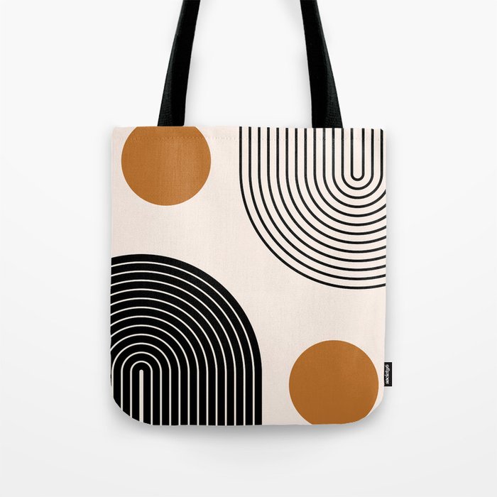 Nesting Rainbow Lines Geometric Pattern Race Track Lines Orange Circles Mid Century Modern Cool Magical Mystical Abstract Art Bohemian Boho Style Trendy Tote Bag Gallery Image 1