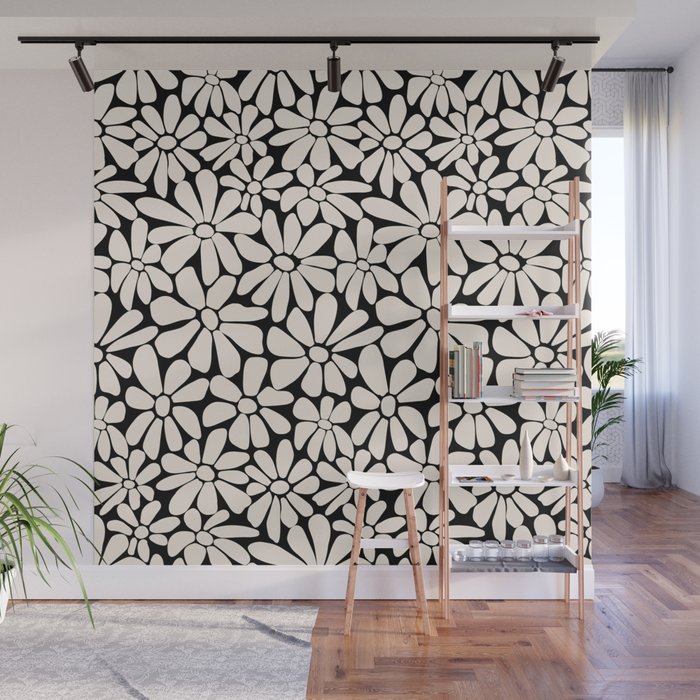 Black and White Retro Floral 2 Wall Mural Gallery Image 1