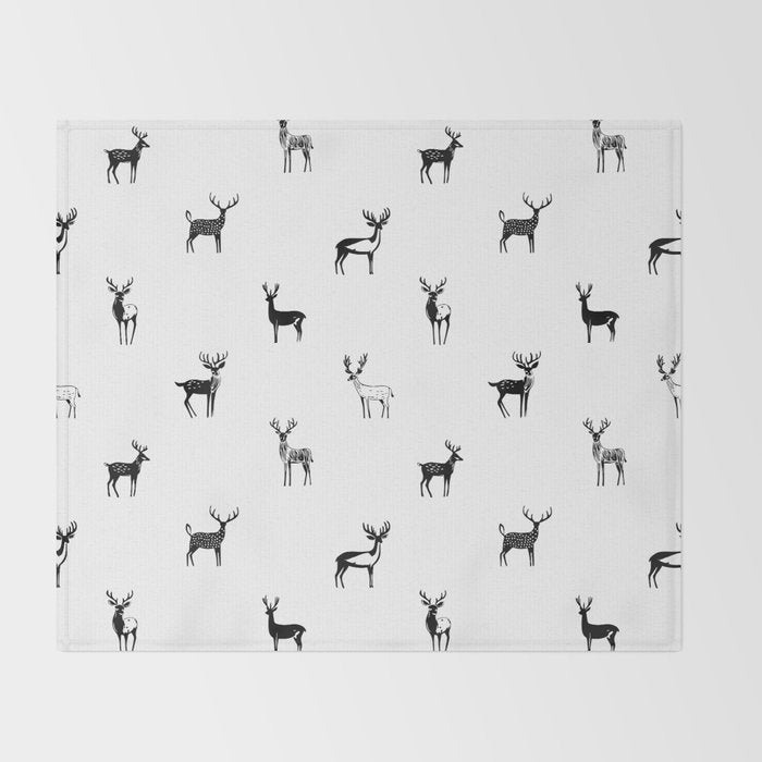 Black and white deer animal art pattern Throw Blanket Gallery Image 2