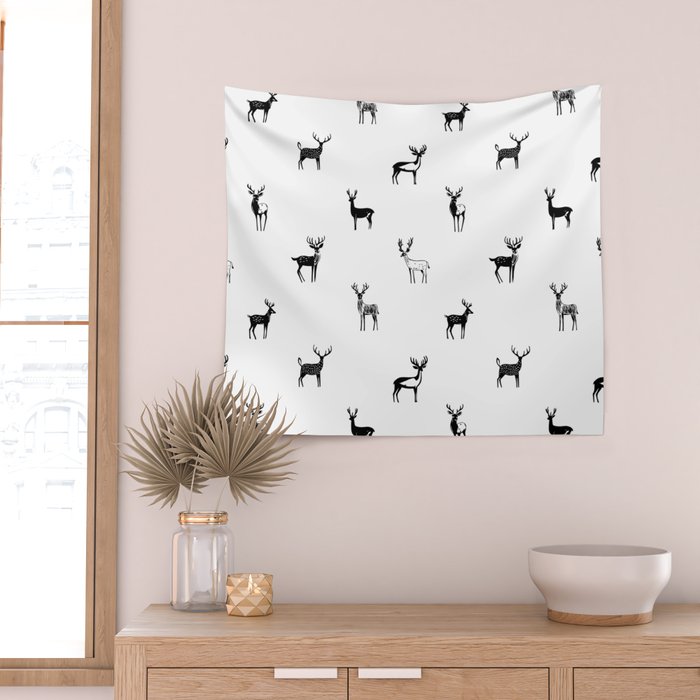 Black and white deer animal art pattern Wall Tapestry Gallery Image 2