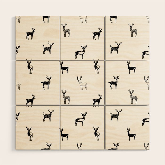 Black and white deer animal art pattern Wood Wall Art Gallery Image 1