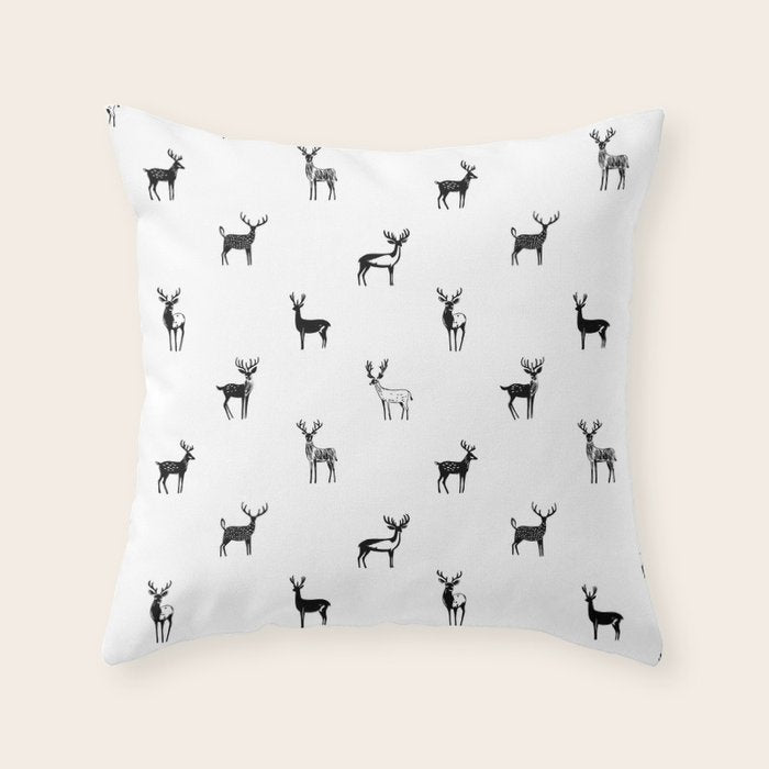 Black and white deer animal art pattern Throw Pillow Gallery Image 6