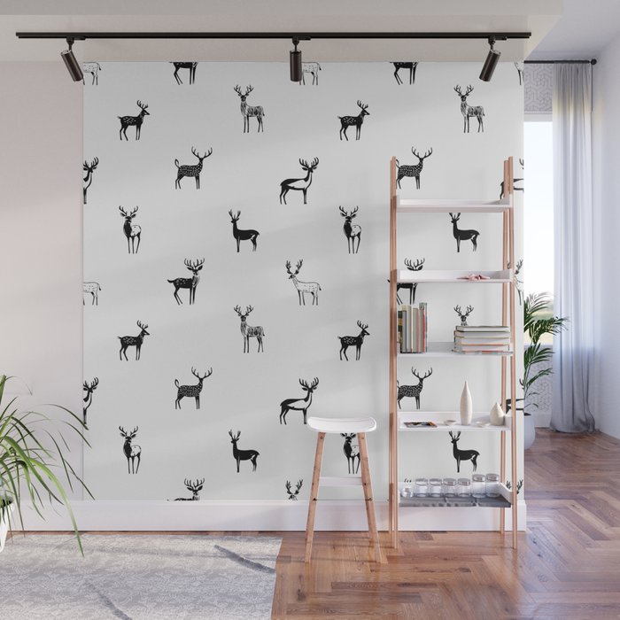 Black and white deer animal art pattern Wall Mural Gallery Image 1