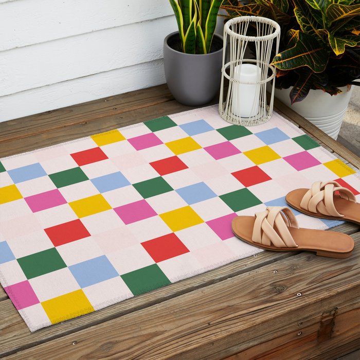 Retro Bauhaus Pattern | Abstract Shapes | Geometric Checks Outdoor Rug Gallery Image 2