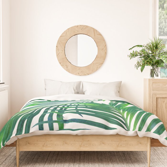 Palm Paradise, Tropical Leaves, Beachy Watercolor Painting, Minimal Nature Botanical Illustration Duvet Cover Gallery Image 3