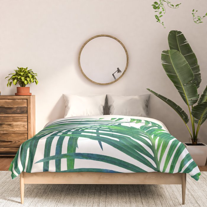 Palm Paradise, Tropical Leaves, Beachy Watercolor Painting, Minimal Nature Botanical Illustration Comforter Gallery Image 3