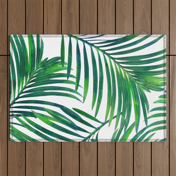 Palm Paradise, Tropical Leaves, Beachy Watercolor Painting, Minimal Nature Botanical Illustration Outdoor Rug Gallery Image 1