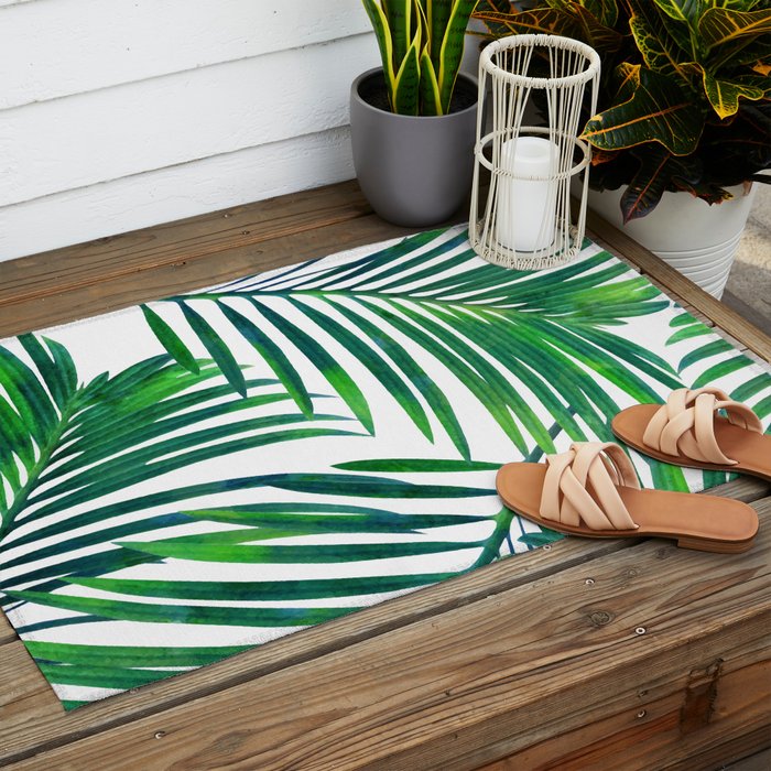 Palm Paradise, Tropical Leaves, Beachy Watercolor Painting, Minimal Nature Botanical Illustration Outdoor Rug Gallery Image 2