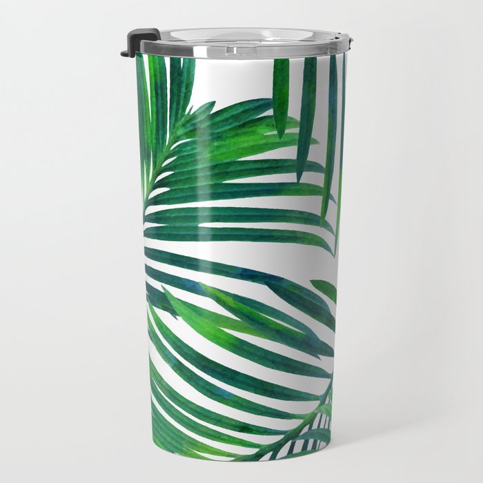 Palm Paradise, Tropical Leaves, Beachy Watercolor Painting, Minimal Nature Botanical Illustration Travel Mug Gallery Image 3