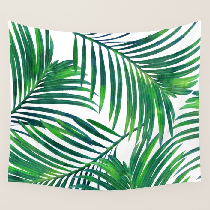 Palm Paradise, Tropical Leaves, Beachy Watercolor Painting, Minimal Nature Botanical Illustration Wall Tapestry Gallery Image 4