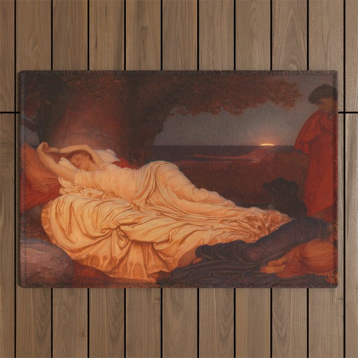 Cymon and Iphigenia, sleeping beauty female portrait painting by Frederic Leighton Outdoor Rug Gallery Image 1
