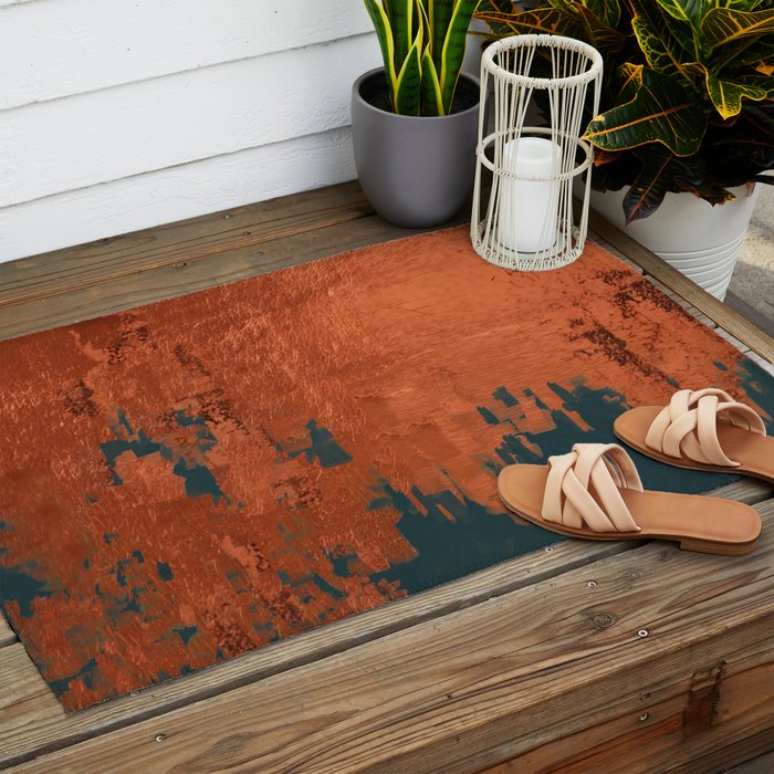 Aesthetic Grunge Copper and Teal Green Rust Outdoor Rug Gallery Image 2
