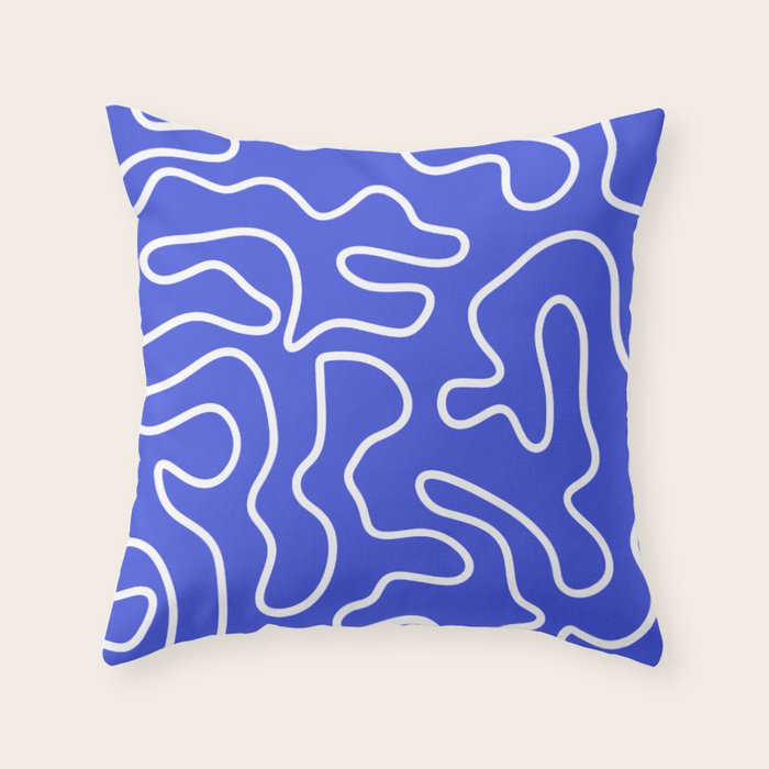 Squiggle Maze Abstract Minimalist Pattern in Electric Blue and White Throw Pillow Gallery Image 1