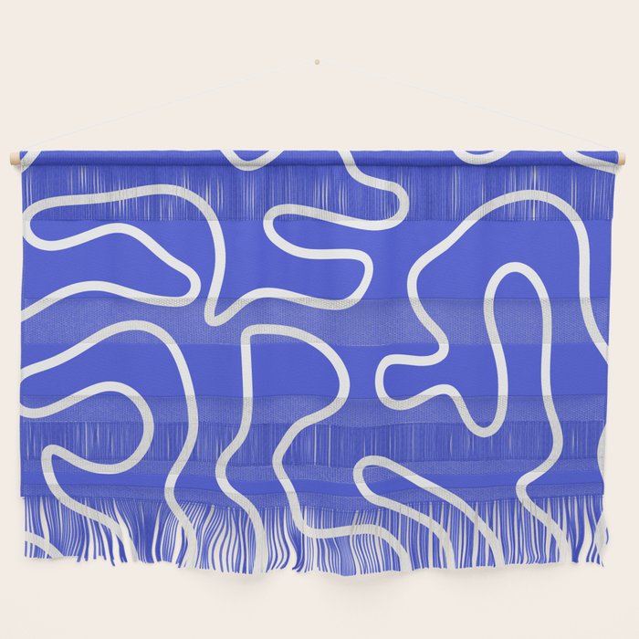 Squiggle Maze Abstract Minimalist Pattern in Electric Blue and White Wall Hanging Gallery Image 1