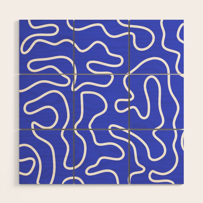 Squiggle Maze Abstract Minimalist Pattern in Electric Blue and White Wood Wall Art Gallery Image 1