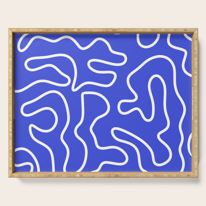 Squiggle Maze Abstract Minimalist Pattern in Electric Blue and White Serving Tray Gallery Image 1