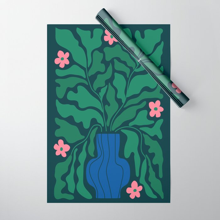 Summer Bloom: Pine Green Leaves & Pink Poppies Wrapping Paper Gallery Image 1