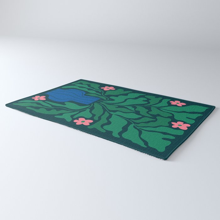 Summer Bloom: Pine Green Leaves & Pink Poppies Rug Gallery Image 3