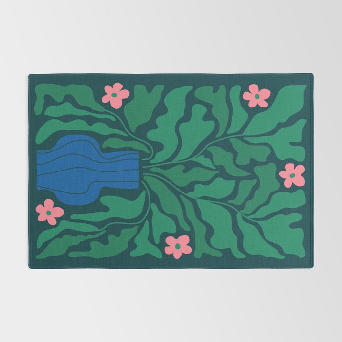 Summer Bloom: Pine Green Leaves & Pink Poppies Rug Gallery Image 2