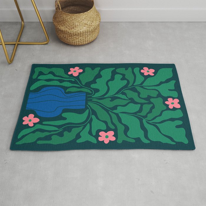 Summer Bloom: Pine Green Leaves & Pink Poppies Rug Gallery Image 1