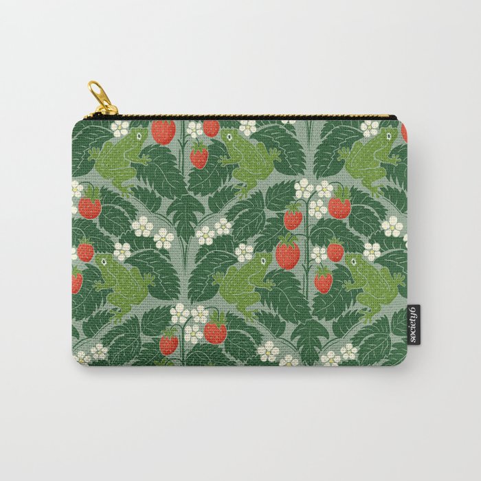 Frogs And Wild Strawberries On Pale Green Carry All Pouch Gallery Image 1