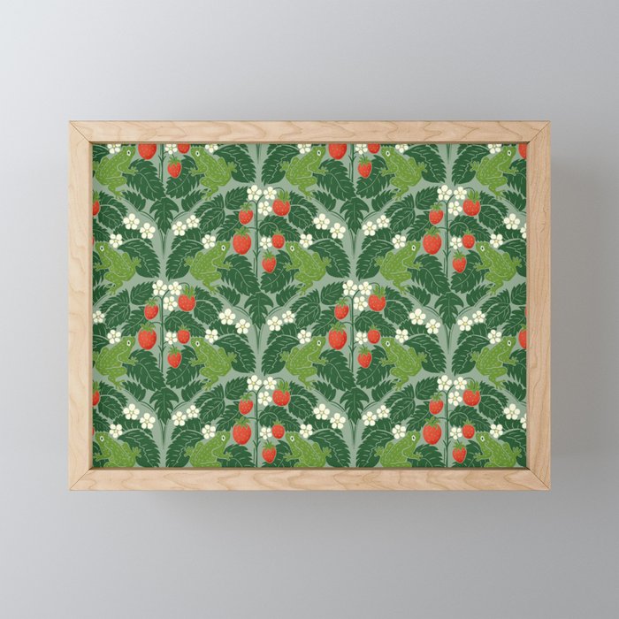 Frogs And Wild Strawberries On Pale Green Mini Art Print Gallery Image 1