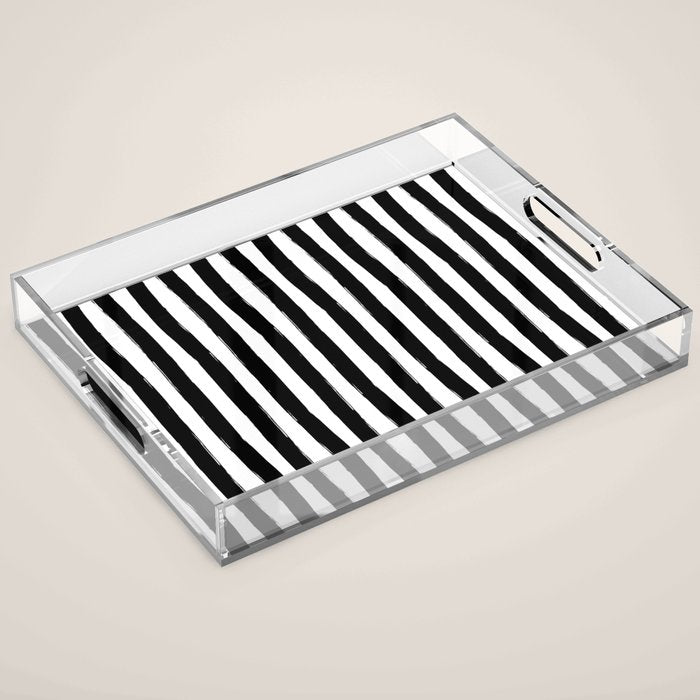 Black and White Cabana Stripes Palm Beach Preppy Acrylic Tray Gallery Image 1