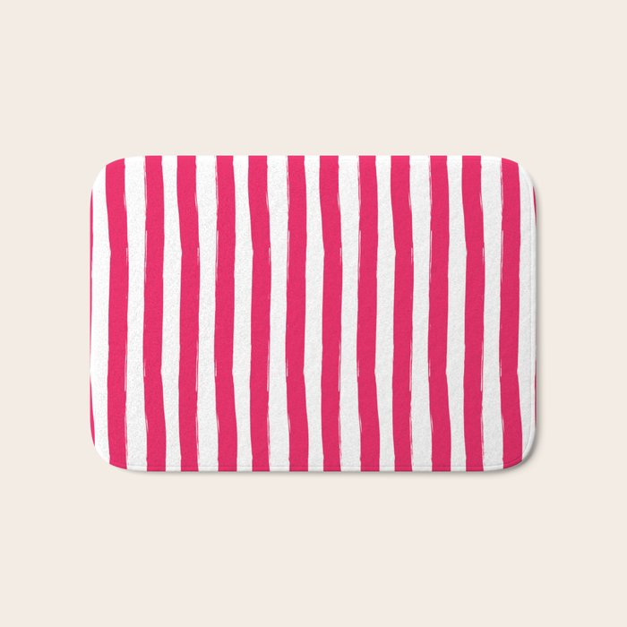 Red and White Cabana Stripes Palm Beach Preppy Bath Mat Gallery Image 1