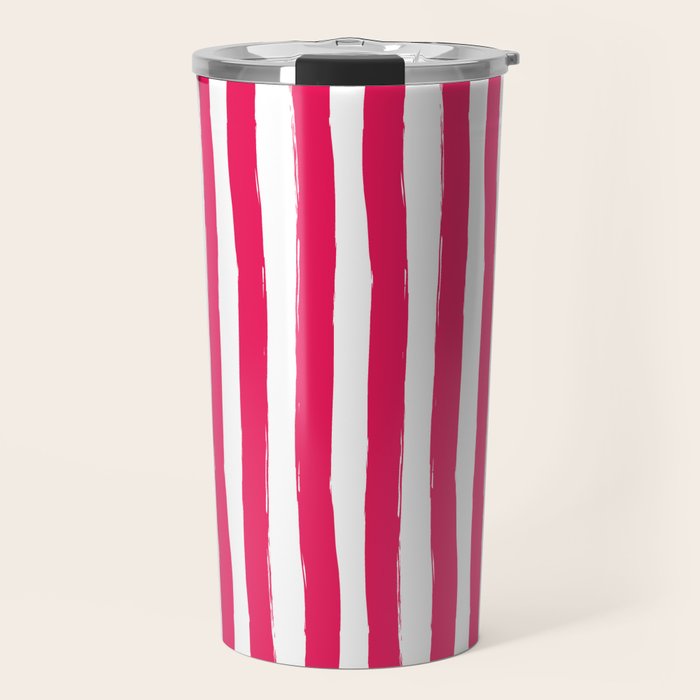 Red and White Cabana Stripes Palm Beach Preppy Travel Mug Gallery Image 1