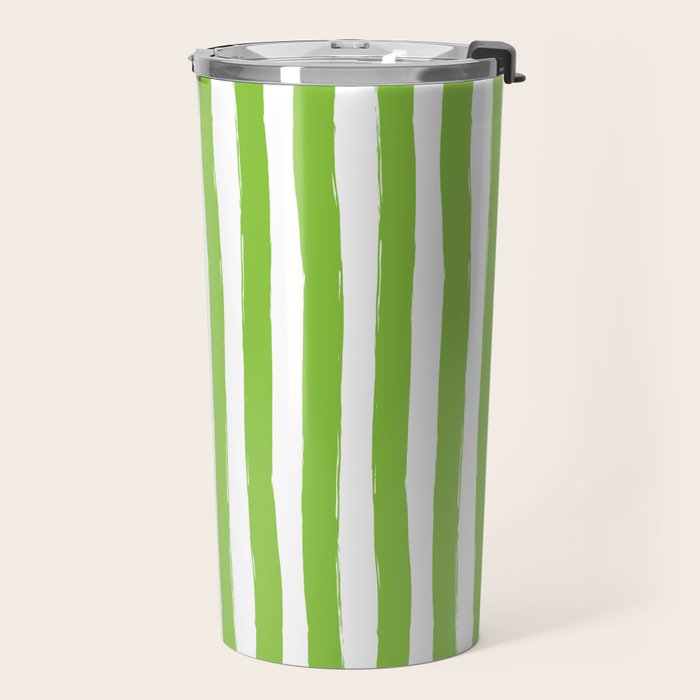Green and White Cabana Stripes Palm Beach Preppy Travel Mug Gallery Image 2