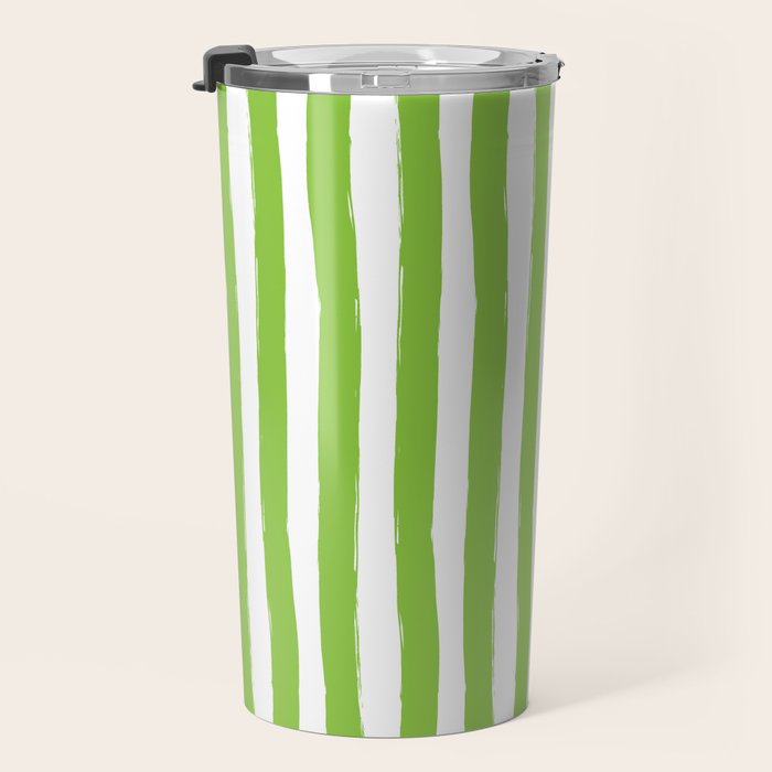 Green and White Cabana Stripes Palm Beach Preppy Travel Mug Gallery Image 3