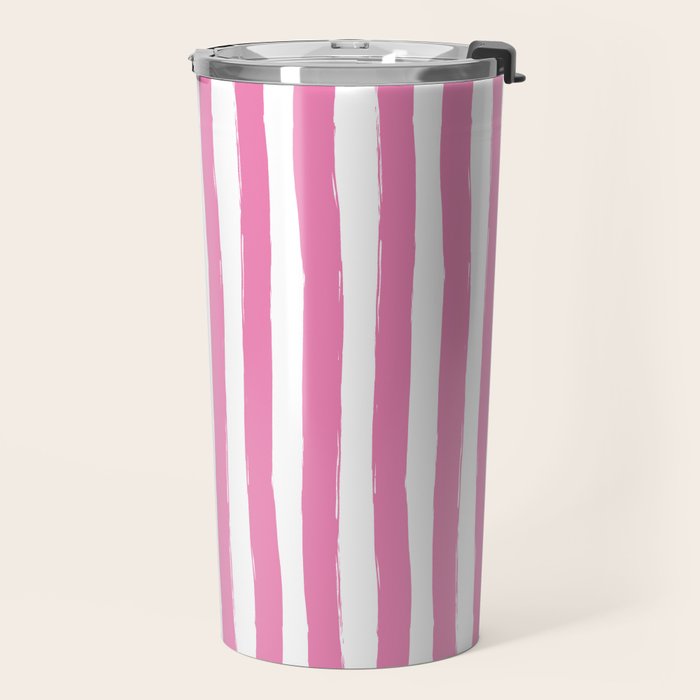 Pink and White Cabana Stripes Palm Beach Preppy Travel Mug Gallery Image 2