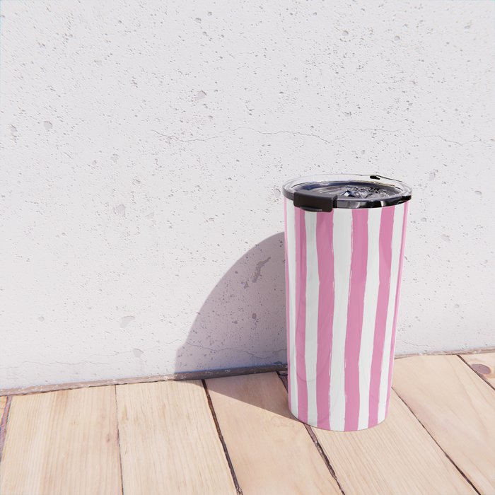 Pink and White Cabana Stripes Palm Beach Preppy Travel Mug Gallery Image 4