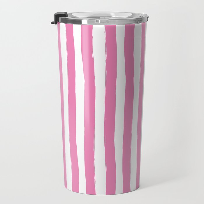 Pink and White Cabana Stripes Palm Beach Preppy Travel Mug Gallery Image 3