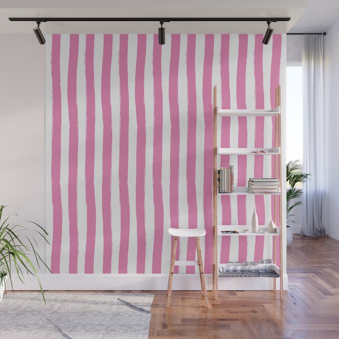 Pink and White Cabana Stripes Palm Beach Preppy Wall Mural Gallery Image 1