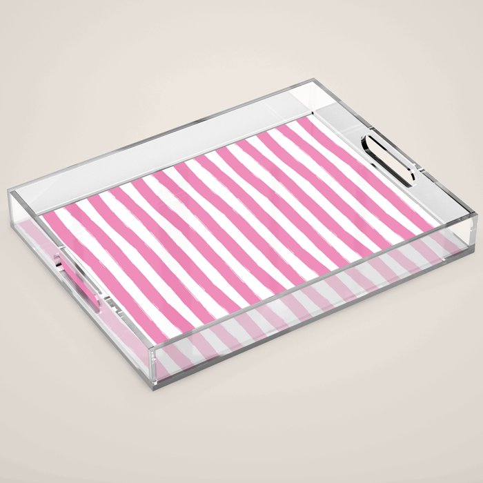 Pink and White Cabana Stripes Palm Beach Preppy Acrylic Tray Gallery Image 1