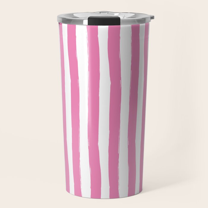 Pink and White Cabana Stripes Palm Beach Preppy Travel Mug Gallery Image 1