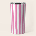 Pink and White Cabana Stripes Palm Beach Preppy Travel Mug Gallery Image 1