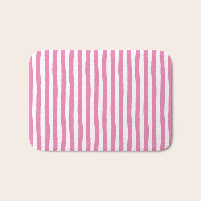 Pink and White Cabana Stripes Palm Beach Preppy Bath Mat Gallery Image 1