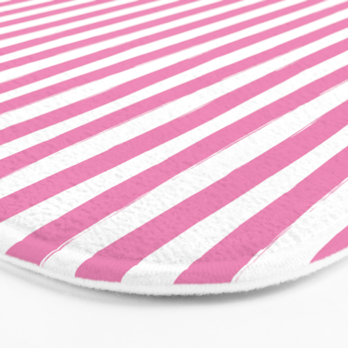 Pink and White Cabana Stripes Palm Beach Preppy Bath Mat Gallery Image 3