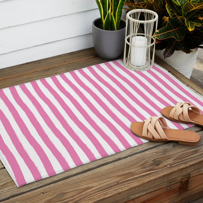 Pink and White Cabana Stripes Palm Beach Preppy Outdoor Rug Gallery Image 2