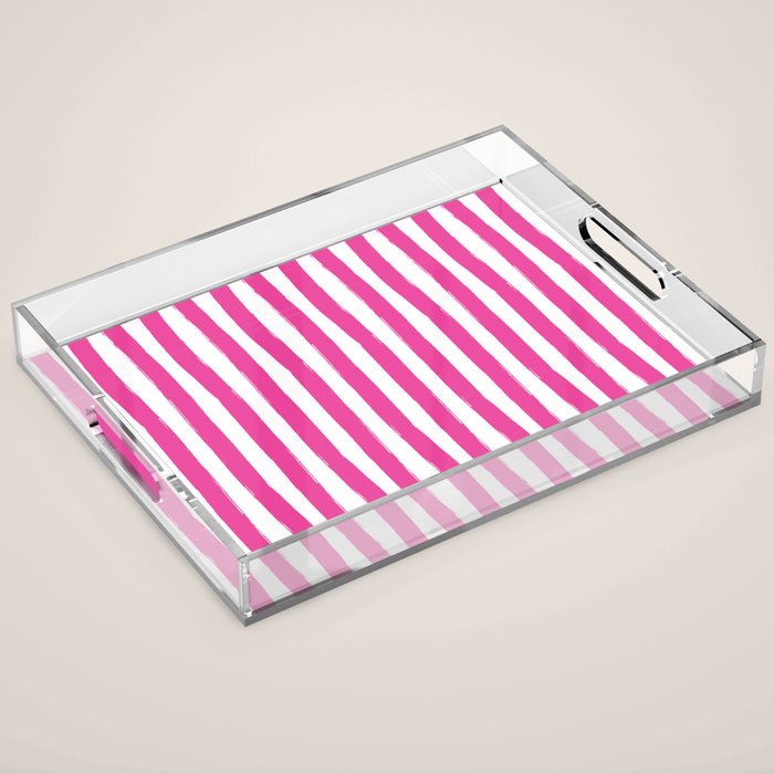 Pink and White Cabana Stripes Palm Beach Preppy Acrylic Tray Gallery Image 1