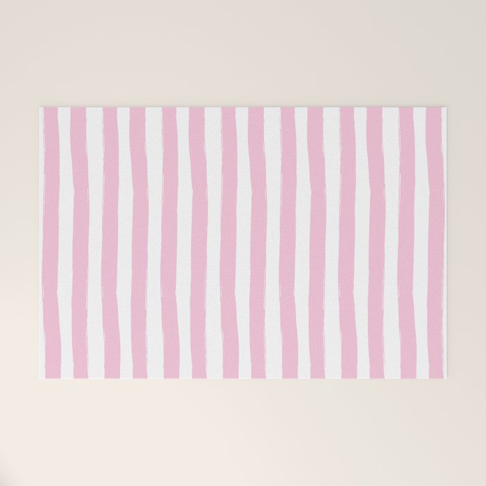Pink and White Cabana Stripes Palm Beach Preppy Welcome Mat Gallery Image 1